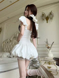 Lace Stitching French Short-Sleeved Dress Women's Summer Bow Ponopne Ponmp Dress Sweet Waist Skirt A Short Skirt