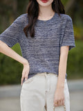 2025 Summer New Round Collar Knitted Short-Sleeved T-Shirt Women's Knitted Knitted Jersey Loose Lazy Blouse Lyselle Thin