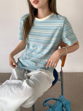 Fashion High-End Color Striped Round-Neck Short-Sleeved T-Shirt For Women's Summer New Loose Meat Masking Thin Casual Blouse