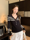 Grey Striped Collar Knitted Long-Sleeved T-Shirt Women Wear A Repair Button In The Autumn And Winter Of 2026 To Hit The Bottom Of The Top