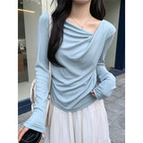 French Style Collar A Word Knitted Bottom Shirt Long-Sleeved Women Autumn And Winter Oblique Angle Shoulder Wrinkle Inside A Beautiful Top