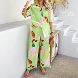 Dili 2025 Spring And Summer Leisure Bohemian Holiday Wind Bump Print Wide Leg Trousers Suit Woman