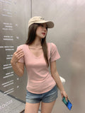 Yellow Simple Casual C Chic V-Neck Short-Sleeved Woman 2026 Summer New Fashion Age Reduction Front Shoulder T-Shirt Korean Top