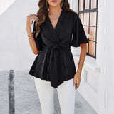 Dili Women's Clothing 2025 Spring And Summer V Neck Pure Color Elegant Five-Point Sleeve Strap Tidling Waist Top