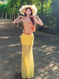 Seaside Holiday Hottie Suit Women Summer Flowers Tsets Tsets Wearing Yellow Mesh Yarn Hips Half-Dress Two-Piece Cover