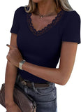 2025 Lace Splicing V-Neck Tight Solid Color Short-Sleeved T-Shirt Women's Summer New Pure Desire To Slim Top