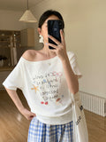 Korean Ins Wind Hand-Painted Graffiti Print Slanted Shoulder Short-Sleeved T-Shirt For Girls Summer Leisure Crooked Nice Little Blouse