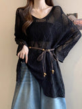 Lazy Wind Wearing A Hollow Knitted Shirt Women 2025 Spring And Summer Harvest In The Middle Of The Long Outer Hoodie Shirt Thin Sunscreen