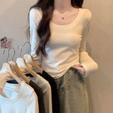 White Shoulder Repair Long-Sleeved T-Shirt Girl Early Autumn New Ocean With Small Short Bottom Top