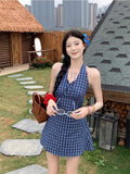 Korean Blue Lattice Hanging Neck Dress Women Summer Sleeveless Bow Bow A Word Skirt Sweet Babes Short Skirt