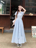 Korean Blue Polo Collar Short-Sleeved Dress Women's Summer Strapped Dress Design Feel Waist Swing Long Dress