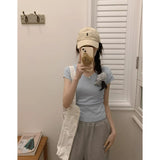 2026 Summer Light Blue Folds To The Waist Shoulder Short-Sleeved Women's T-Shirt Small Flying Sleeve V Collar Collar Collar Collar Collar Collar Sexy Top