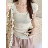 U-Neck Pure Thin Knitted Short-Sleeved T-Shirt For Girls Summer Shoulder-Repair Slime White Short Bottom Small Top
