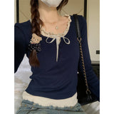 French Ballet Windwood Ear Splicing Two Long-Sleeved T-Shirt Women Design Bow Bm Short Top Autumn