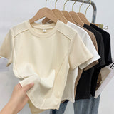 Solid Color Round-Neck Short Sleeves T-Shirt Women 2026 Summer European Goods New Gas-Retro-Ageed Fish Bone Short Shoulder Shirt