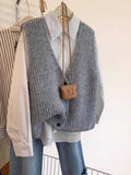 Grey V-Neck Knitted Vest Women's Spring And Autumn 2025 New Autumn And Winter Outside Wearing A Shoulder Sweater Open Shirt