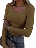 2025 Thread Pit Strips Long Long-Sleeved Square Collar T-Shirt Elegant Short Sleeves