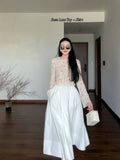2026 Spring New Women's Fashion Sexy Round Lace Long-Sleeved White Umbrella Skirt Set Southeast Asia