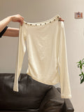 2026 Early Autumn New Beautiful Design Slant Shoulder Folding Waist Unique Long-Sleeved T-Shirt Girl Body Exposed Shoulder Coat