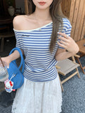 Fashion Temperament High-End Oblique Shoulder Collar Color Striped Embroidery Design Short-Sleeved T-Shirt For Women's Summer New Top