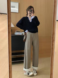 Relaxing Feeling Fashionable And Fashionable Color Fake Two Spliced Striped Knitted Shirt Girls Autumn Winter Design Loose V Collar Top