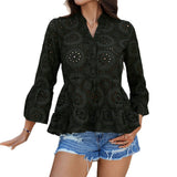 Dili 2025 Spring And Summer Top Women's Casual Holiday Style Solid Color Hollow V-Neck Seven-Sleeve Shirt