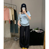 Summer Shoulder Sexy T-Shirt Girl Blue Neckline Collar Collar Slanted Shoulder Short Sleeves Loose Lazi White Top
