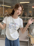 Korean Cute Cat Embroidery Design Feeling Short-Sleeved T-Shirt Women 2026 Summer New Loose Thin Lazi Blouse