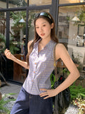 Blue-Green Lattice Polo Collar Vest Sling Suit 2026 Summer New Design Sense Loose Thin Sleeveless Top