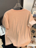 2025 New Summer Striped Short-Sleeved T-Shirt Girl Chic Loose Korean Version Of The Right Shoulder Reduction Body Blouse Ins