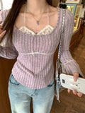 Autumn And Winter New Fake Two Lace Hanging Neck Low Collar Long Sleeve Knitted Bottom Shirt Women Pure Desire To Put On A Small Top