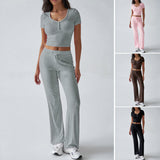 Dili 2025 Spring/Summer Women's Y2K Sports Casual Style U-Neck T-Shirt Trousers Knitted Two-Piece Set