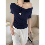 Tibetan Blue Pure Desire Short-Sleeved T-Shirt Girls Summer New Two-Skinny Collarbone Shoulder Coat