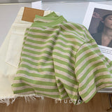Short-Sleeved T-Shirt For Women 2025 Summer Fruit Green Stripes New Loose Shoulder Unique Comfortable Tuck