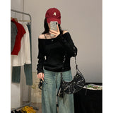 Gray Oblique Shoulder Long-Sleeved T-Shirt Girl Early Autumn Loose Word Shoulder Slack Feeling Hottie Sexy Unique Temperament Blouse