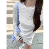 2026 New White Solid Summer Slimmed Long-Sleeved T-Shirt Women's Waist Slim Slim Blouse