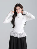 White Half-High Collar Lace Hem Bow Grinding Hair Plus Long-Sleeved T-Shirt In Autumn And Winter Shirt