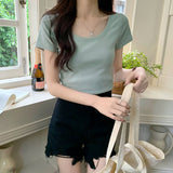Solid Color Short-Sleeved T-Shirt Women 2025 Summer New Hong Kong Wind Chic Design Round Collar Short Elastic Sympath