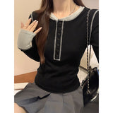 Black Retro Wind Collar Straight Shoulder Elastic Bodyd Shirt Shirt Early Autumn Girl Crash Design T-Shirt Long Sleeve