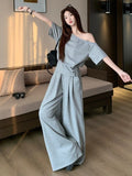 Gray Suit Design Slanted Shoulder To Waist Short-Sleeved T-Shirt Women Summer High-Waisted Leisure Broad Leg Trousers Two-Set
