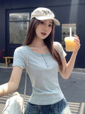 Pure Lace Side U-Neck Short-Sleeved T-Shirt Women 2026 Summer New Collared Button Repair Inside The Bottom Top