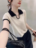 Cicpic Clip Collared Small Thin Knitted Shirt Summer New Temperament Thin Shoulder Short Sleeve Coat Head Woman