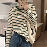 Pure Cotton Long-Sleeved T-Shirt Lady Spring And Autumn Coat Wears 2025 New Bottoming Shirt Inside The Striped Ocean Loose