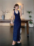 French Holiday Style Blue Hanging Neck Hanging Flower Joint Dress Women's Summer 2026 New Open Lace Dress