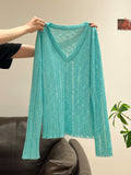 Blue V-Neck Hollow Long-Sleeved Knitted Shirt Women 2026 Thin Slime Shirt Inside The Bottom Shirt