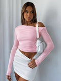 2025 Slanted Shoulder Asymmetrical Solid Umbilical Umbilical Top Long Sleeve Splicing Design