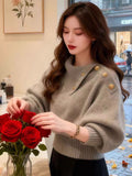 Korean Design Sense Of Old Money Wind Gray Familiar Side Collar Knitted Shirt Women Autumn And Winter Thick Sweater