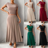 Dili 2025 Spring And Summer Short-Sleeved Women's Temperament Solid Color Short-Sleeved Skirt Set