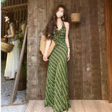 Vintage Fresh Green Lattice Dress Dress Woman 2025 New Gentle Temperament To Show Thin Back Dress