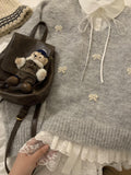 Autumn Soft Glutinous Jace Bow V-Neck Gray Sweater Sweet Loose Lazy Knitted Shirt Winter